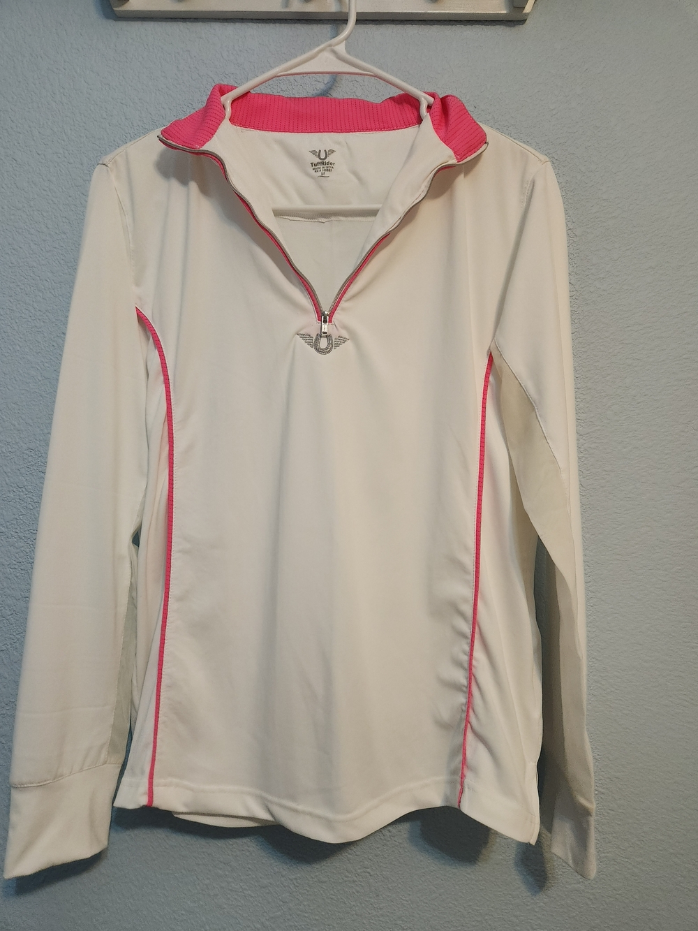 Tuff Ridwe White Long Sleeve Quarter Zip SUNSHIRT with Pink Trim- M